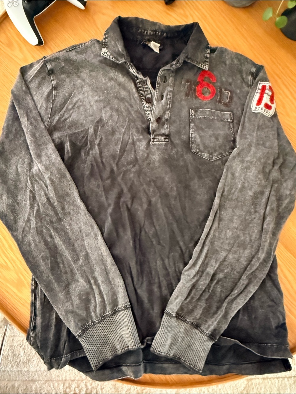 Vintage Diesel Men's Washed Black Long-Sleeve Polo Shirt with Red Patch Detail
